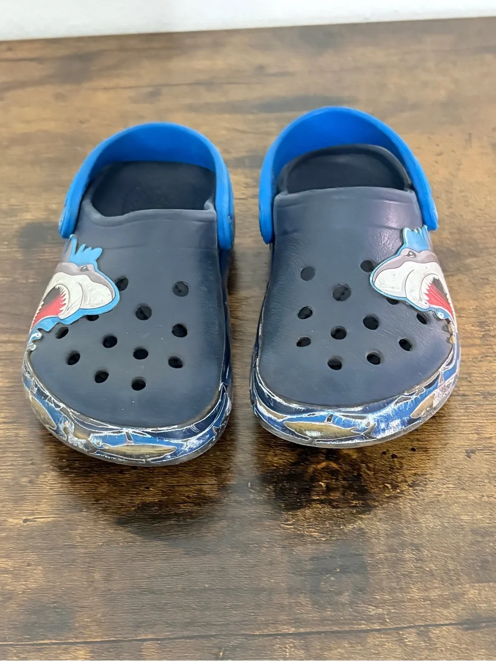 CROCS Kids Shark Clogs in Navy and Bright Blue